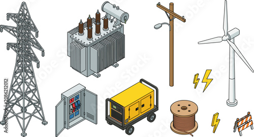 Fotografía Isometric electrical grid vector infrastructure icon set featuring high voltage