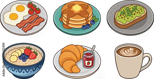 Breakfast meals vector illustration set featuring fried eggs with bacon pancakes syrup avocado toast oatmeal porridge bowl croissant with jam and coffee latte