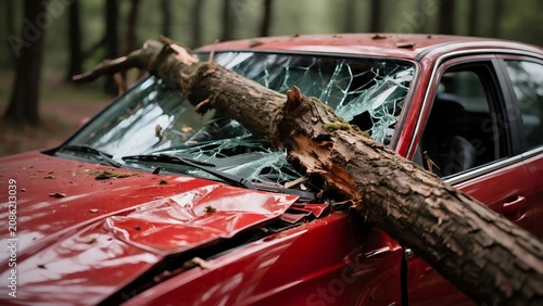 A fallen tree trunk crushing the hood and windshield of a red car in a forest.