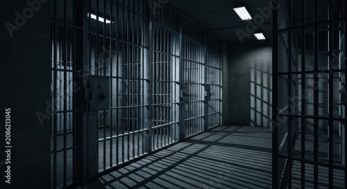 Eerie Prison Interior - Shadows and Bars in a Dark Cell block.