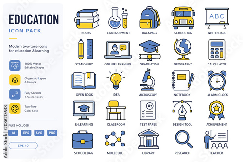 Modern two tone education icon pack vector set featuring books graduation online learning school supplies academic tools fully editable design for teaching and study resources