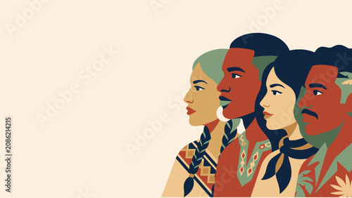 Stylized profiles of diverse multicultural people standing together in unity.