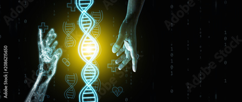 Human and AI hands reaching toward a glowing DNA helix. Precision medicine, genomics, biotechnology, artificial intelligence, healthcare innovation, genetic research, future of personalized medicine.