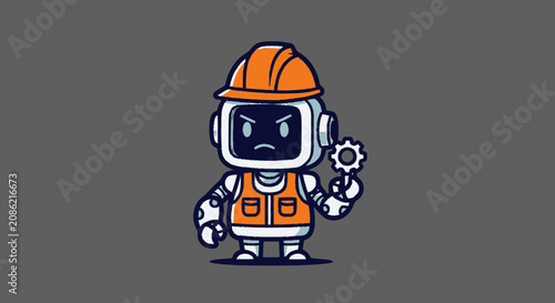 Cute Robot Character Wearing Construction Safety Gear.