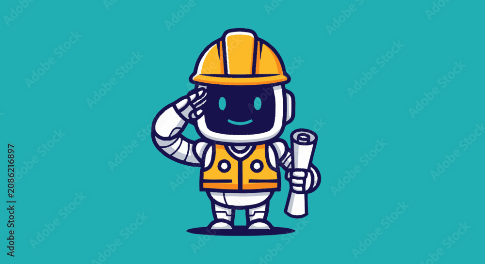 Fototapeta premium Cute cartoon robot construction worker saluting with blueprints.