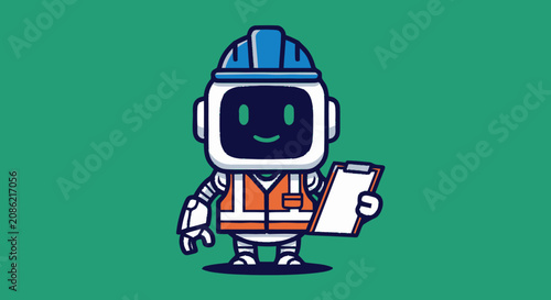 Cute Robot Construction Worker Holding Clipboard.
