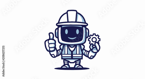 Cute Robot Construction Worker Holding Gear and Thumbs Up.