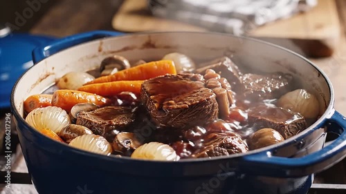 Rich French Beef Bourguignon gently braising in a cast iron pot with red wine sauce, mushrooms, carrots, and pearl onions under warm cinematic lighting.