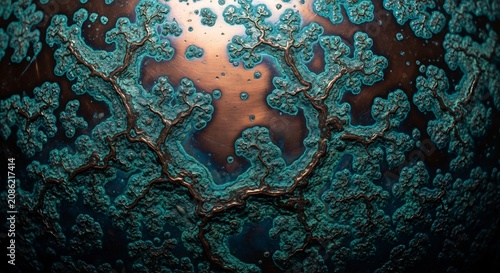 A closeup of a copper surface with green patina formation