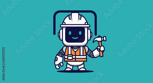 Cute Robot Construction Worker Holding Hammer.