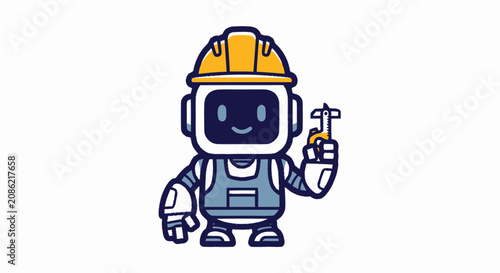 Cute Robot Construction Worker Holding Hammer.