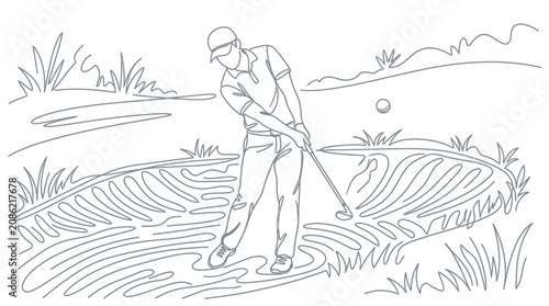 Continuous line drawing of a male golfer hitting a golf ball out of a sand bunker on a course, minimalist vector art illustration of professional athlete in action with club and ball.