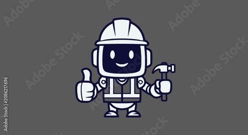 Cute Robot Construction Worker Holding Hammer.