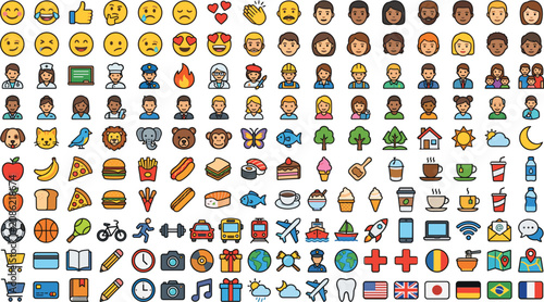 Canvastavla Cute emoji mega collection with diverse avatars animals food and travel vector i