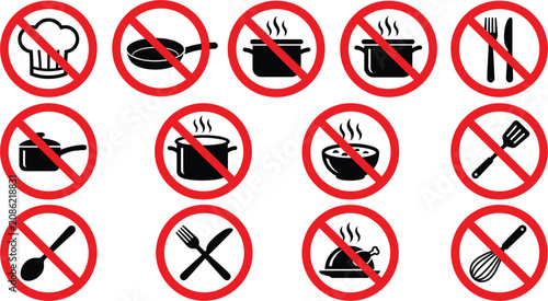 Obraz na plátně No cooking and kitchen utensils forbidden sign icon set, red prohibition vector