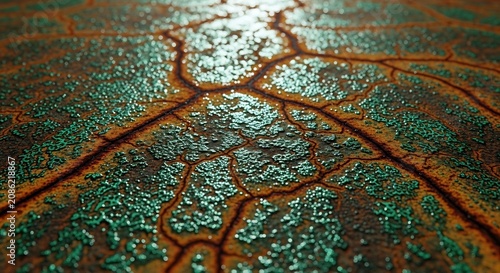 Closeup of cracked surface with green and orange hues and shiny texture