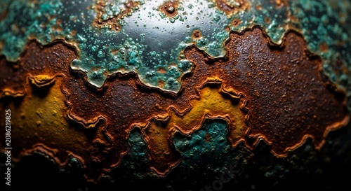 Closeup of rusty metal surface with green patina and orange corrosion