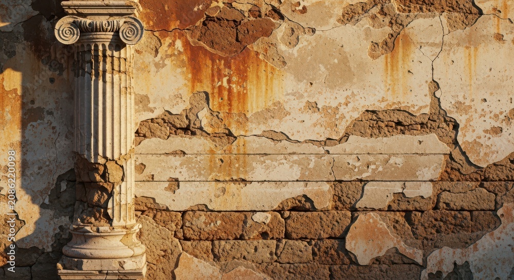 Obraz premium Ancient Weathered Stone Wall with Ionic Column Detail and Peeling Plaster Texture