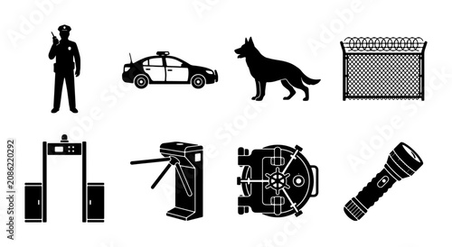 Bild auf Leinwand Security Icons Collection: Police Officer, Patrol Car, Guard Dog, Barbed Wire Fe