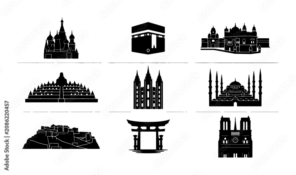 Obraz premium Global Landmarks Silhouette Collection: Iconic Architecture Vector Set for Travel and Culture Design
