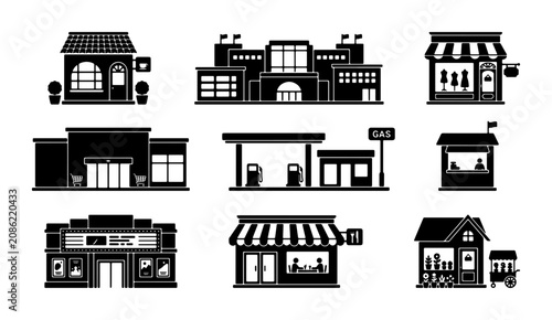 Collection of Diverse Building Icons, Retail Storefronts, and Commercial Structures, Vector Set for Urban Planning and Business Graphics
