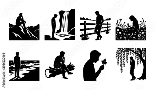 Fotografía Contemplative Man Silhouettes, Solitude & Nature Scenes Vector Pack, Reflective