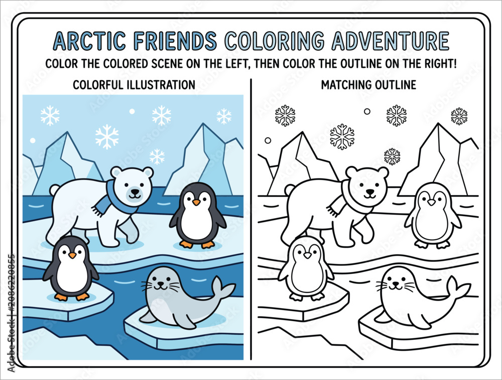 Naklejka premium Arctic animals coloring page with polar bear penguins and seal