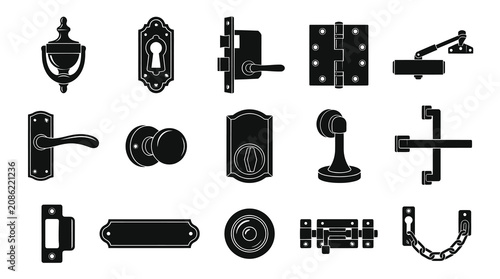 Construction and Security Door Hardware Glyph Icons Set. Black  White Vector Collection of Locks, Handles, Hinges, Accessories.