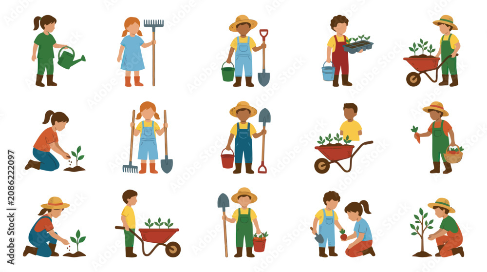 Fototapeta premium Children Gardening Flat Vector Illustration - Planting and Watering with Tools