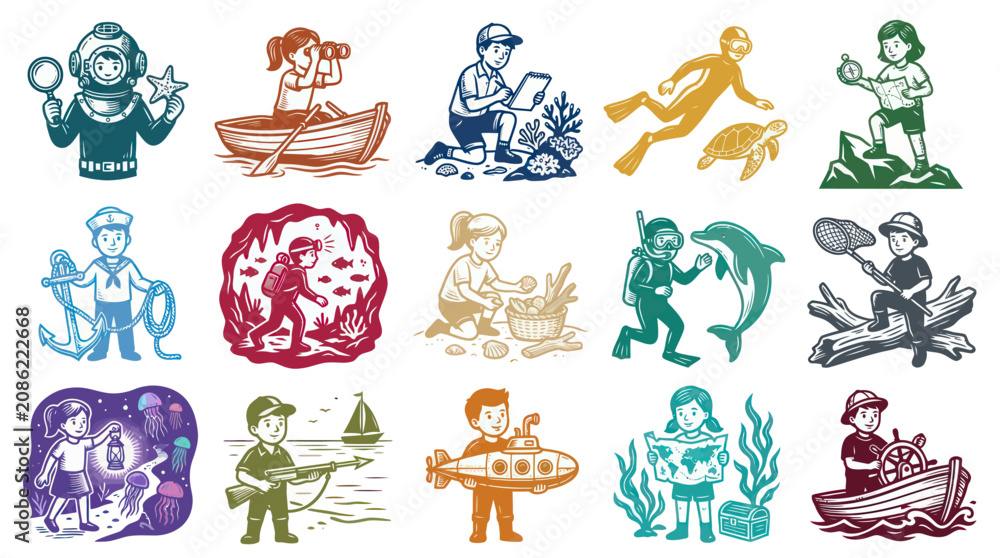 Fototapeta premium Kids Underwater Adventure Icons: Scuba Diver, Boat, Turtle, Submarine, Dolphin