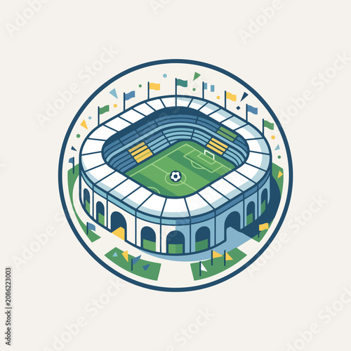 A flat vector illustration of a modern soccer stadium arena