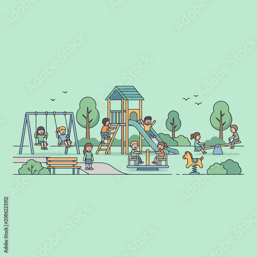 Happy children play together on a colorful outdoor playground