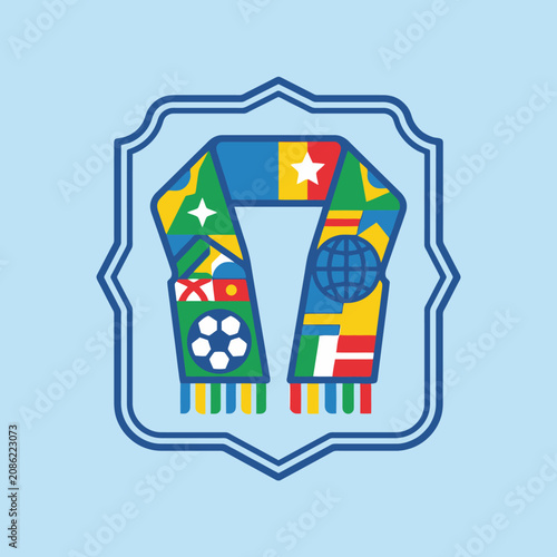 Colorful sports scarf icon with global flags and soccer ball