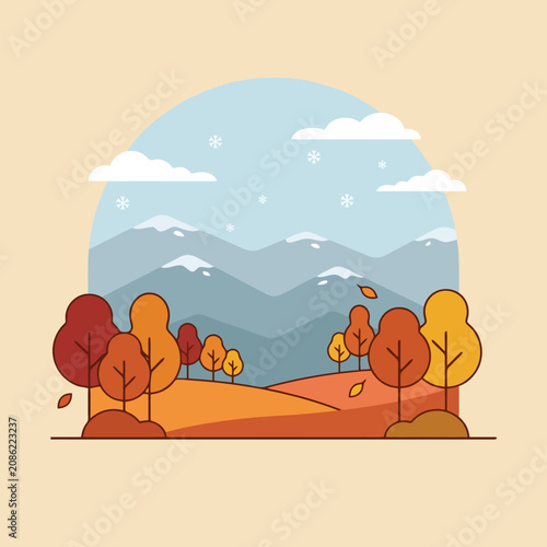 Autumn landscape with snowy mountains and orange trees