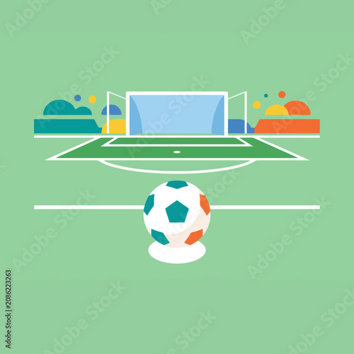 A colorful flat illustration of a soccer ball on a green field