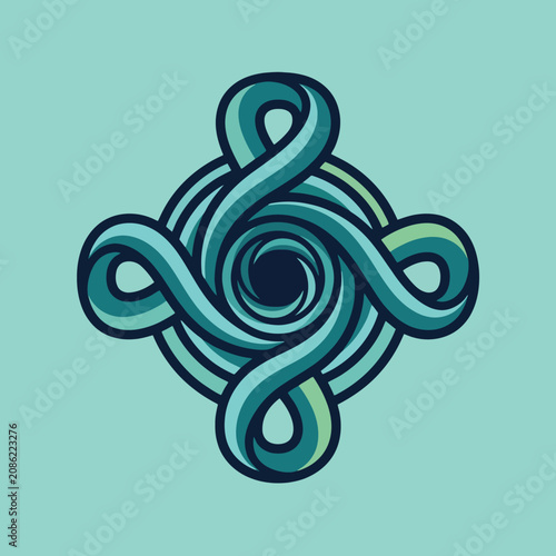 A symmetrical abstract knot design on a light blue background