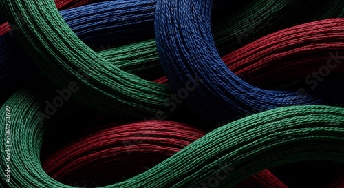 Vibrant threads of green, blue, and red yarn intricately intertwined