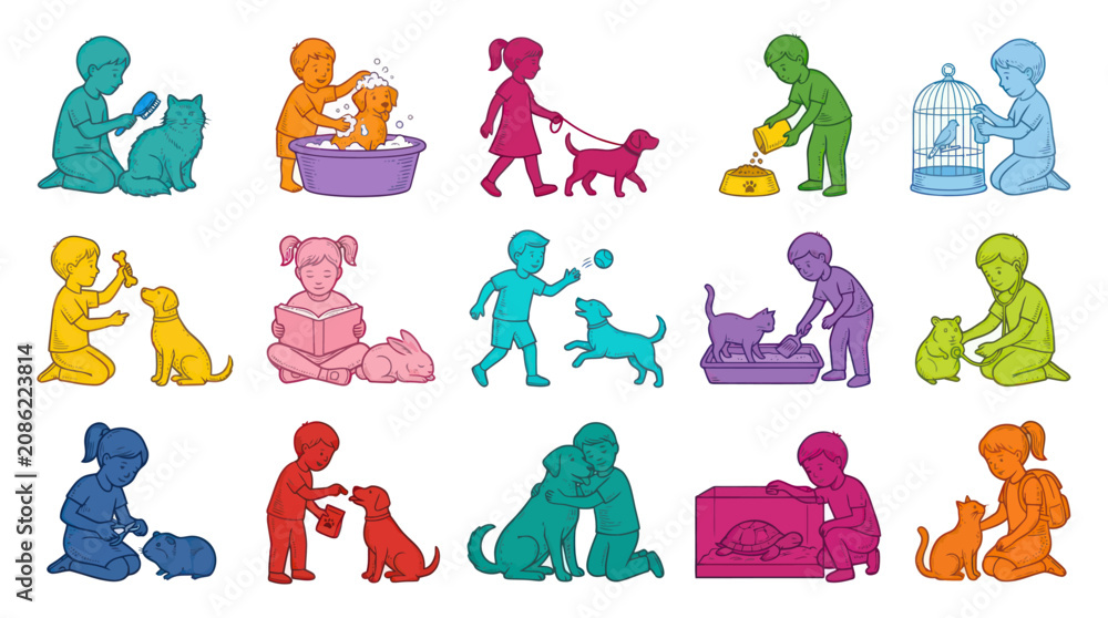 Obraz premium Children and Pets Flat Vector Illustration Set. Kids Learning Responsibility: Feeding, Grooming, Playing with Animals