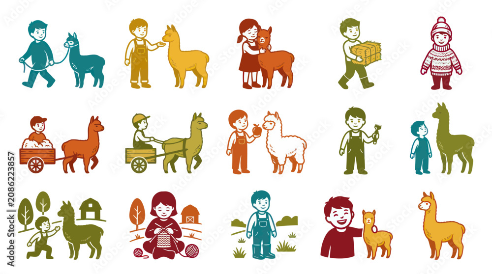 Fototapeta premium Flat Style Vector Icons of Children and Alpacas on a Farm