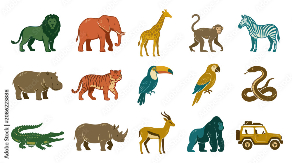 Obraz premium Safari Animals Flat Vector Illustration Set: African Wildlife, Jungle Creatures, Birds, Reptiles Jeep Collection