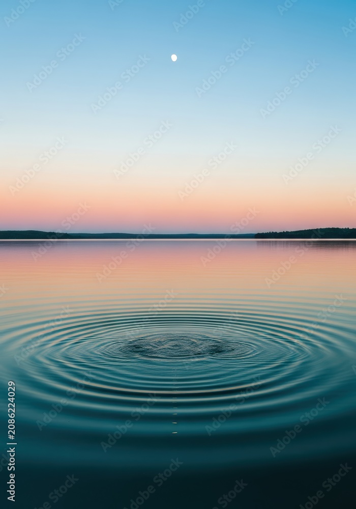 Obraz premium Peaceful Lake Landscape at Sunset with Concentric Water Ripples and Moon in Clear Twilight Sky Background