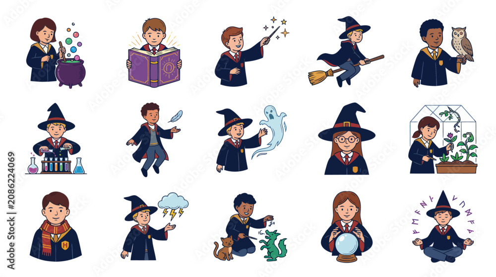 Obraz premium Fantasy Magic School Flat Cartoon Vector: Diverse Young Wizards and Witches Learning Spells.