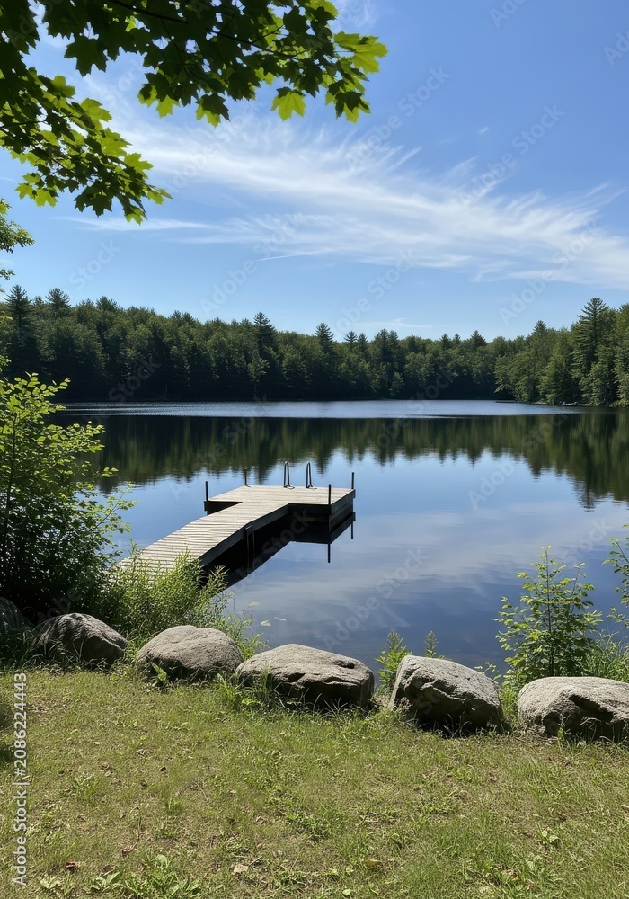 Fototapeta premium Serene Wooden Dock on a Calm Lake Surrounded by Lush Green Forest Under a Clear Blue Sky