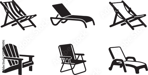 Six different types of folding deck chairs and lounge chairs illustration Vector