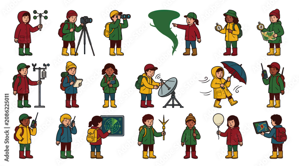 Fototapeta premium Meteorology Kids Characters: Weather Science Equipment Storm Illustrations