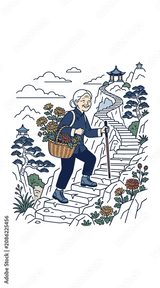 Obraz premium An elderly woman with white hair climbing stone stairs while carrying a basket of flowers.