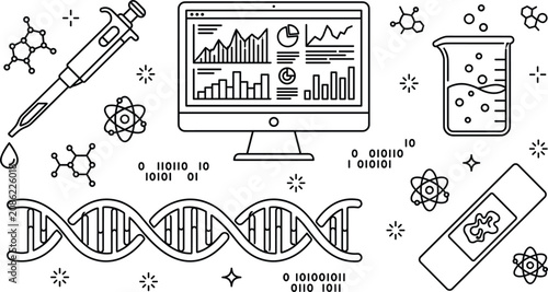 Foto Bioinformatics biotechnology laboratory research icons set with dna pipette anal