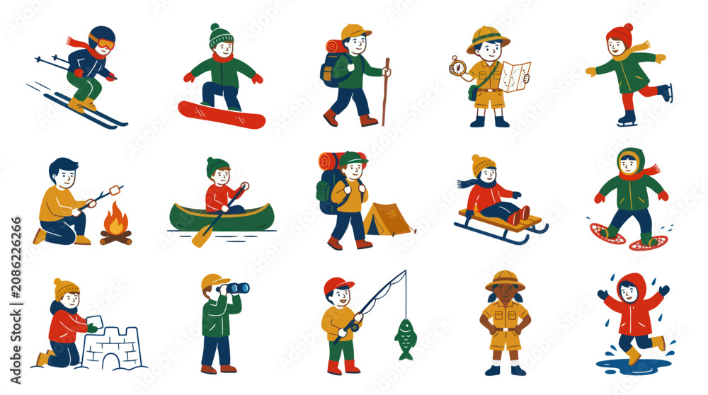 Fototapeta premium Flat Style Vector Illustration of Kids Enjoying Outdoor Winter and Summer Activities