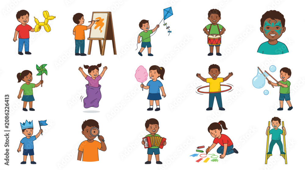 Fototapeta premium Happy Kids Playing and Childhood Activities Flat Cartoon Vector Illustration Set