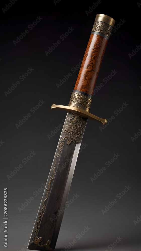 Fototapeta premium Antique ornate dagger: A beautifully crafted antique dagger with intricate etchings on the blade and a decorative handle, presented on a dark, unobtrusive background.